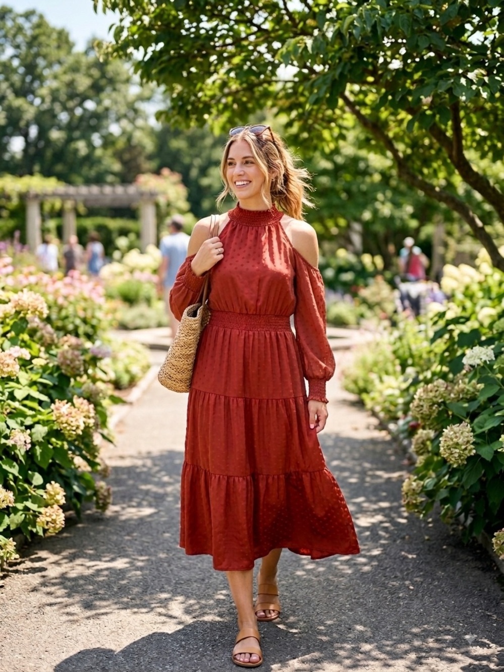 NWT Lumiere Women’s Rust Cold-Shoulder Tiered Midi Dress
